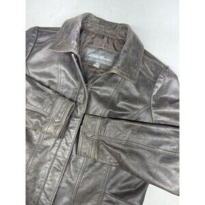 Eddie Bauer Jacket Brown Buffalo Leather Full Zip Adjustable Waist Women’s LT